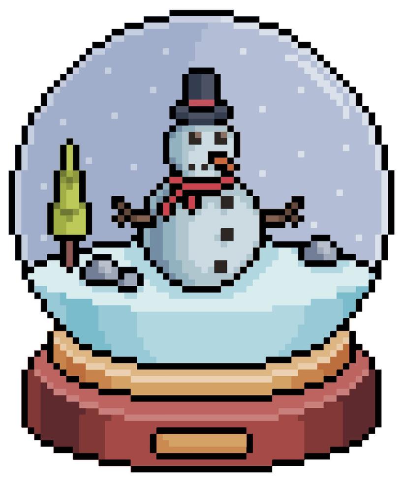 pixel art kerst sneeuwbol met sneeuwpop en pijnbomen 8bit vector op witte achtergrond.