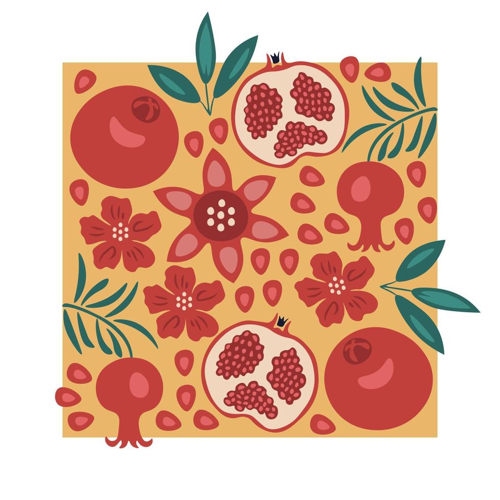 granaatappel kleurrijke zomer vierkante kaart, elementen collectie vector