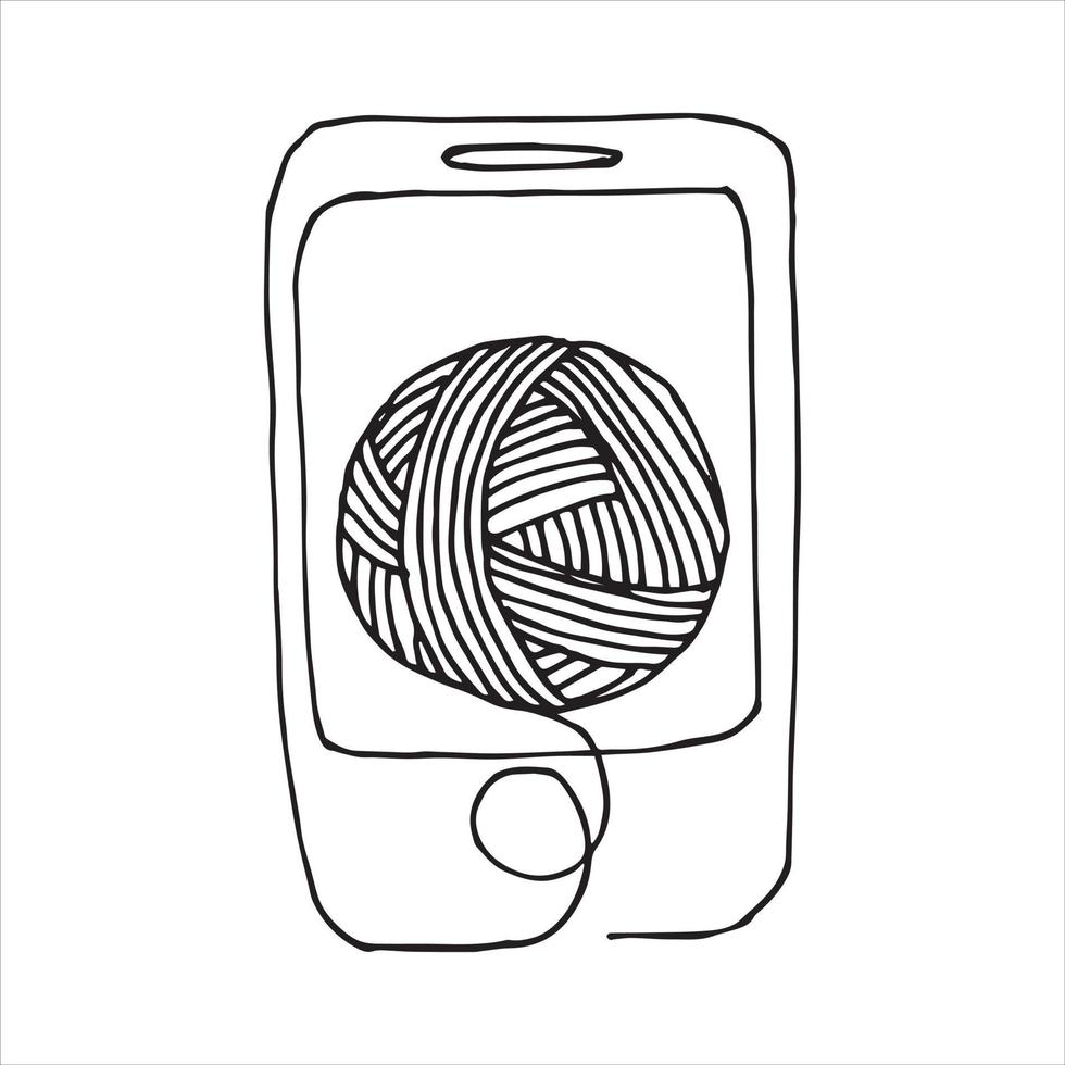 vectorillustratie in doodle stijl. bal van wol en smartphone, telefoon. eenvoudige tekening van een bol wol voor breien, haken. het symbool van de online winkel van garen, hobby, handwerk. levering vector