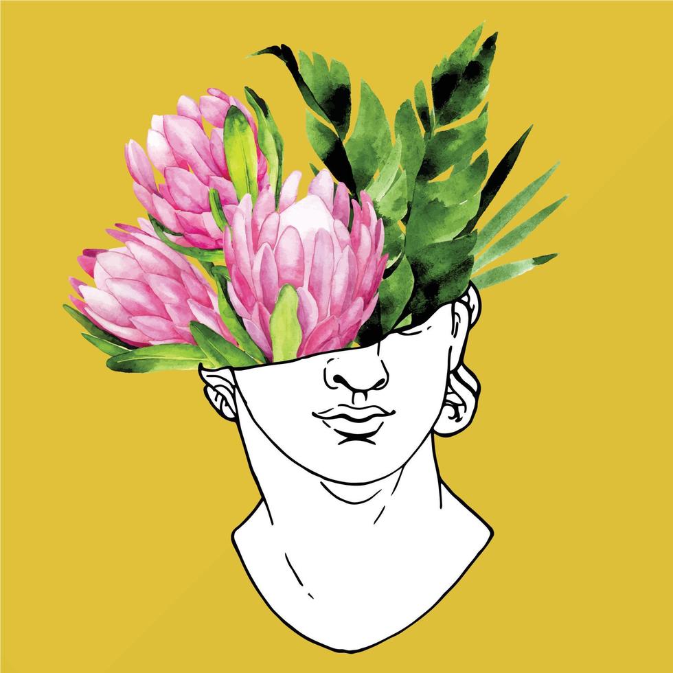 geïsoleerd Grieks standbeeld in art nouveaustijl. lijntekening met aquarel bloemen en tropische bladeren van vintage esthetische antieke beelden van mystieke god. creatief ontwerp, abstract, collage vector