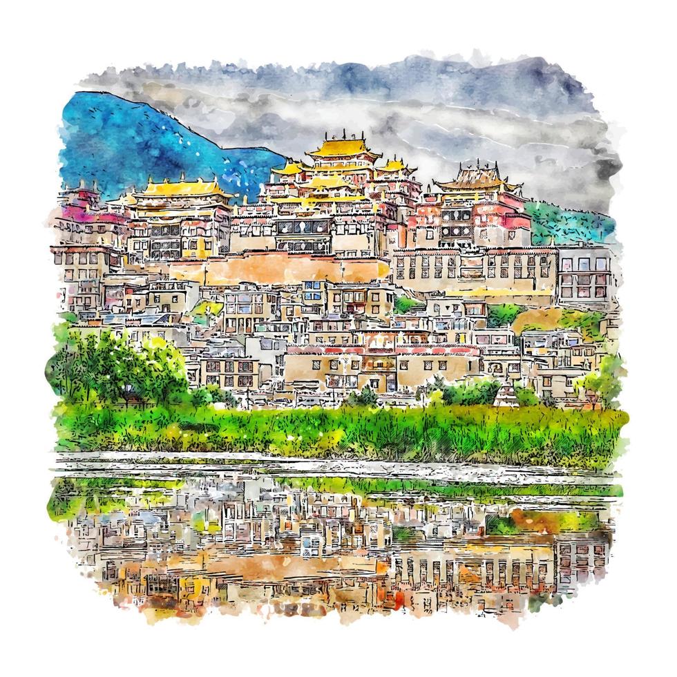 shangri la yunnan china aquarel schets hand getekende illustratie vector