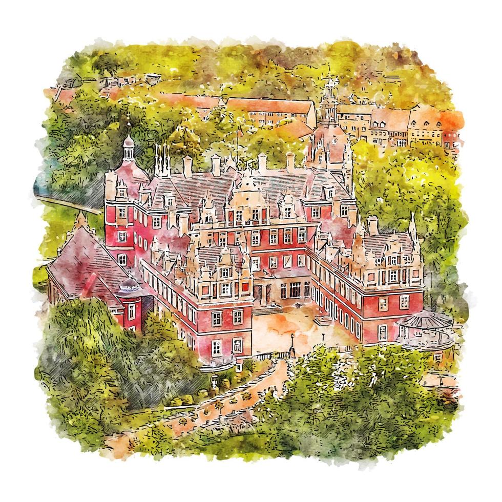 schloss muskau duitsland aquarel schets hand getekende illustratie vector