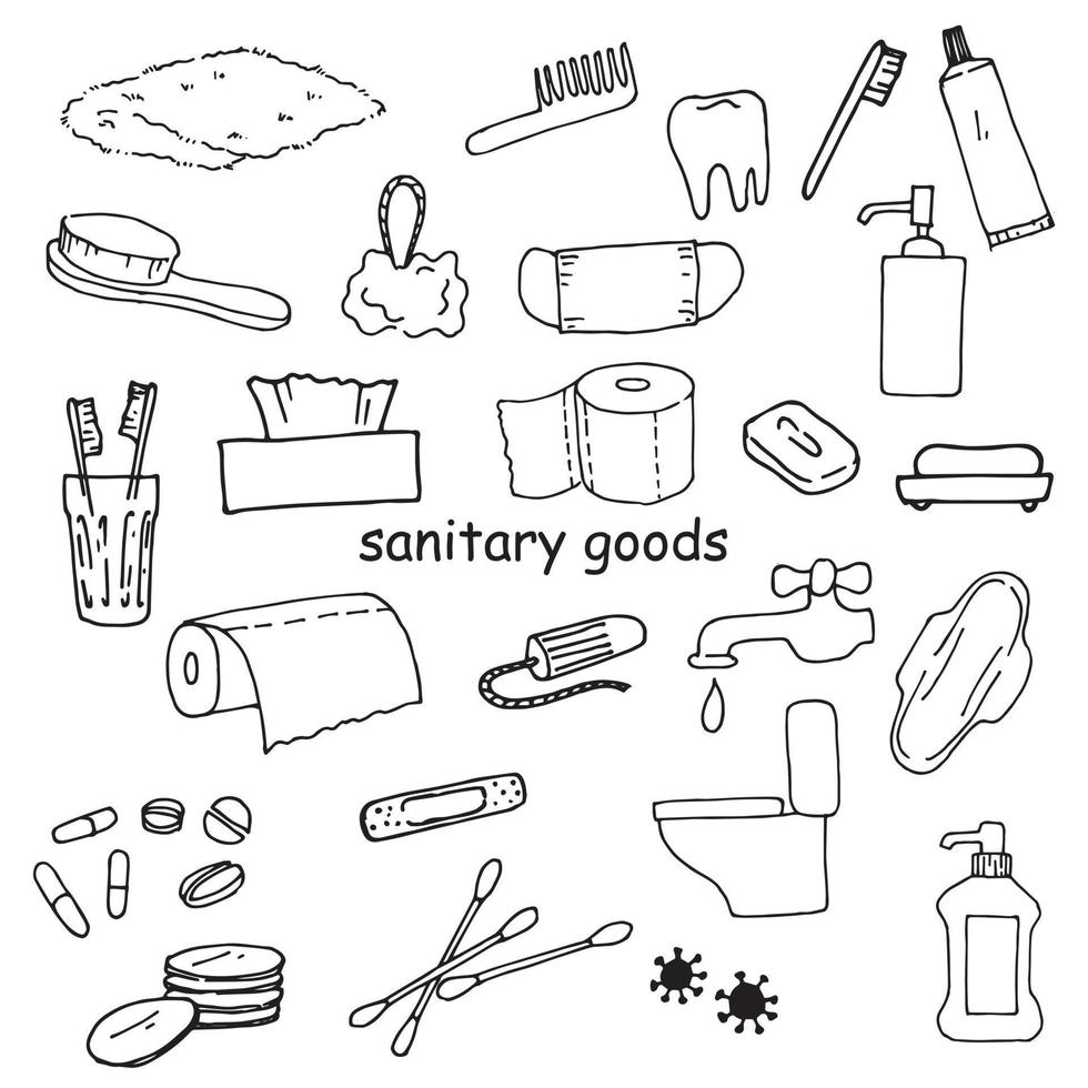 set van vectortekeningen in de stijl van doodle. sanitaire artikelen, hygiëne, netheid, lichaamsverzorging. wattenstaafjes, toiletpapier, maandverband, tampons, zeep en andere huishoudelijke artikelen vector