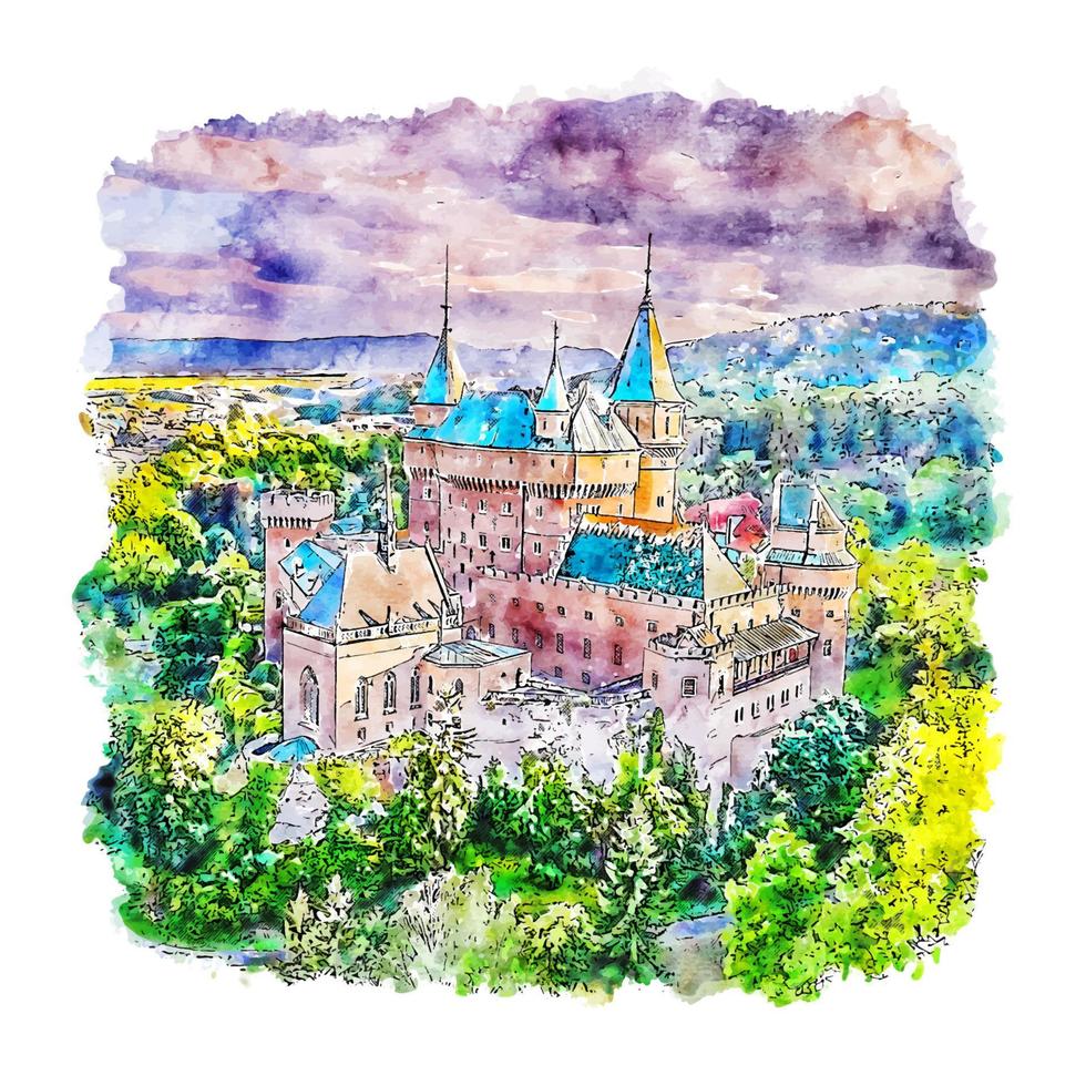 bojnice kasteel frankrijk aquarel schets hand getekende illustratie vector