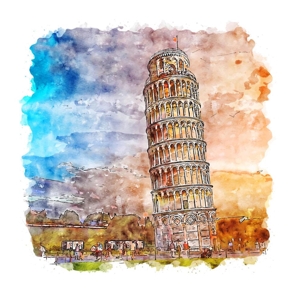 zonsondergang pisa toren italië aquarel schets hand getekende illustratie vector