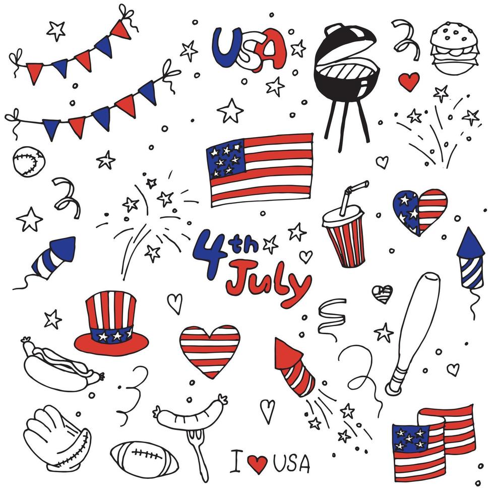 vector tekening in doodle stijl. ingesteld voor amerika onafhankelijkheidsdag vakantie. leuke set van 4 juli kleurenillustraties.