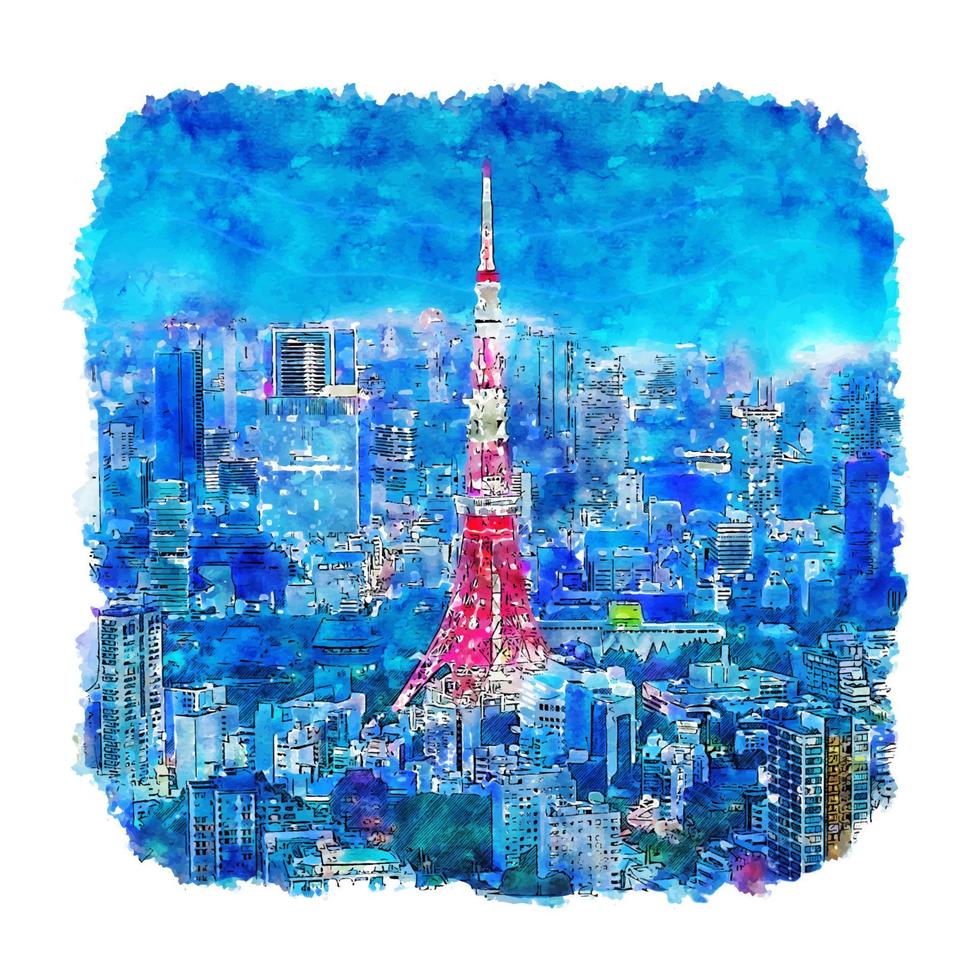 nacht tokyo toren japan aquarel schets hand getekende illustratie vector