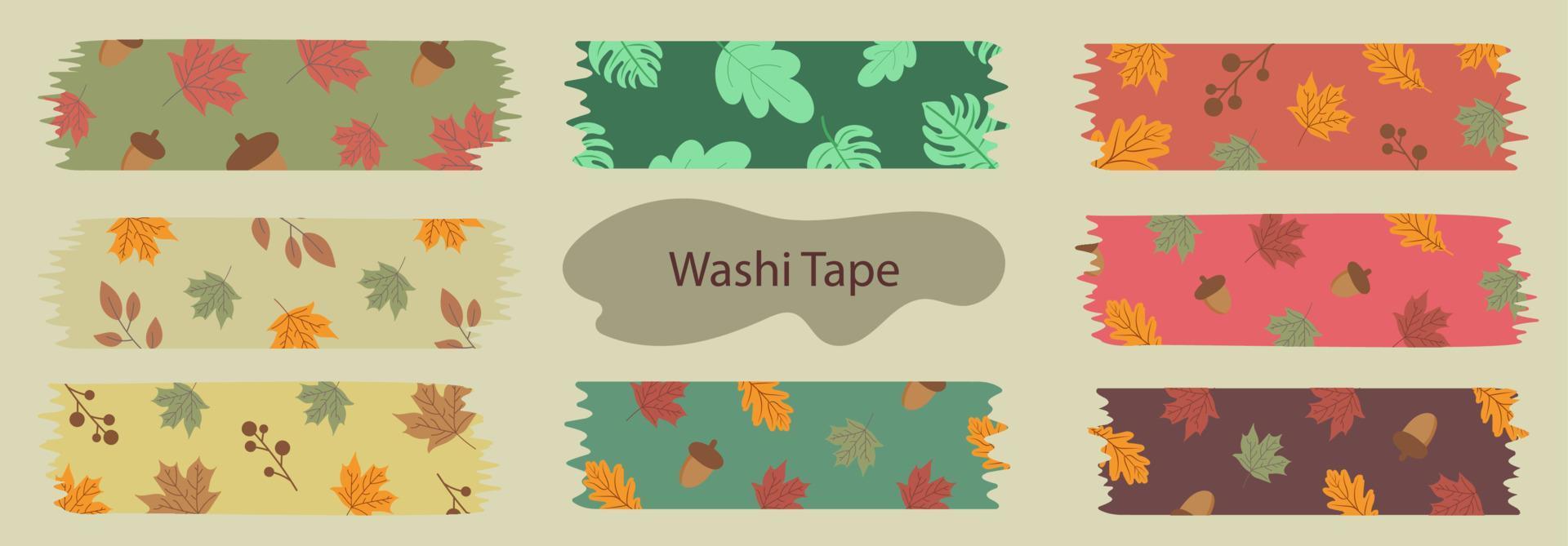 set washi tape herfst seizoensgebonden met vallende bladeren, symbolen van bloemenelementen vector