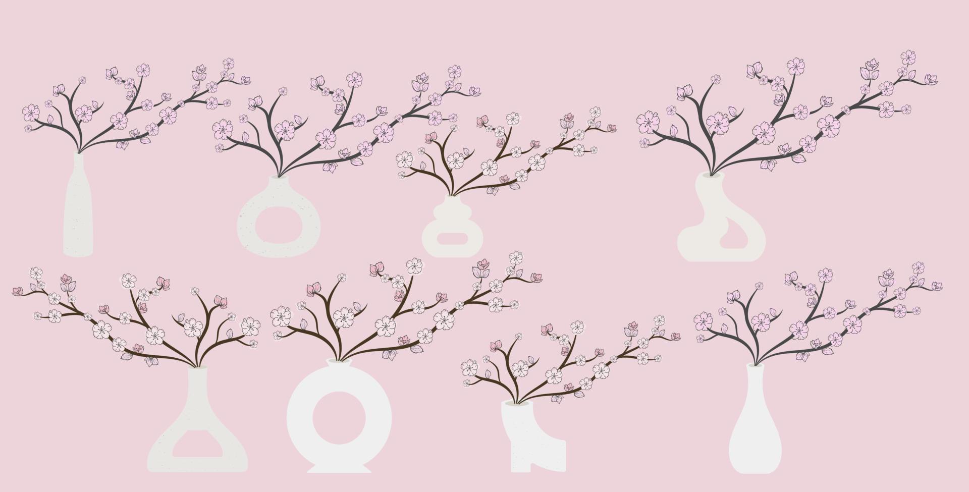 set minimalistische keramische vaas met kersenbloesem of sakura tak vector