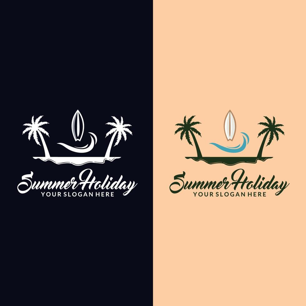 zee en zomer logo, icoon en illustratie. zomerlogo op het toerismethema met palmbomen zee en de inscriptie zomervakantie vector