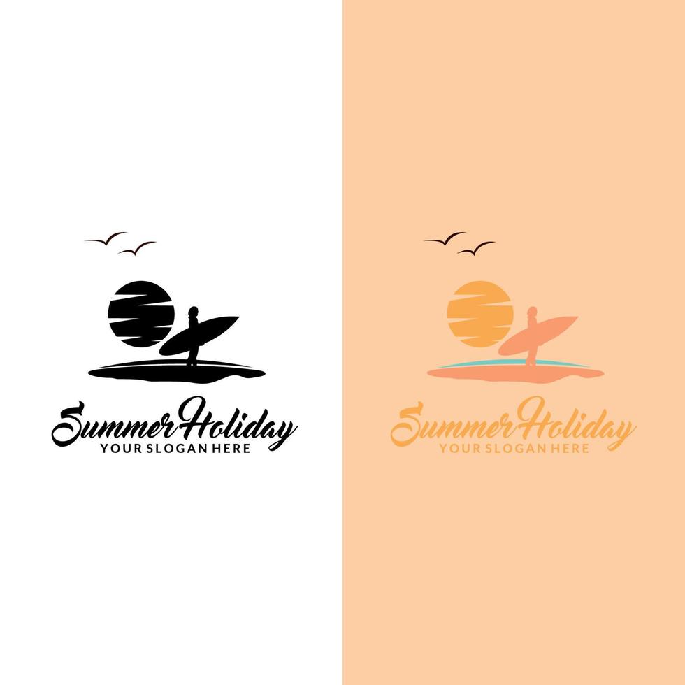 zee en zomer logo, icoon en illustratie. zomerlogo op het toerismethema met palmbomen zee en de inscriptie zomervakantie vector