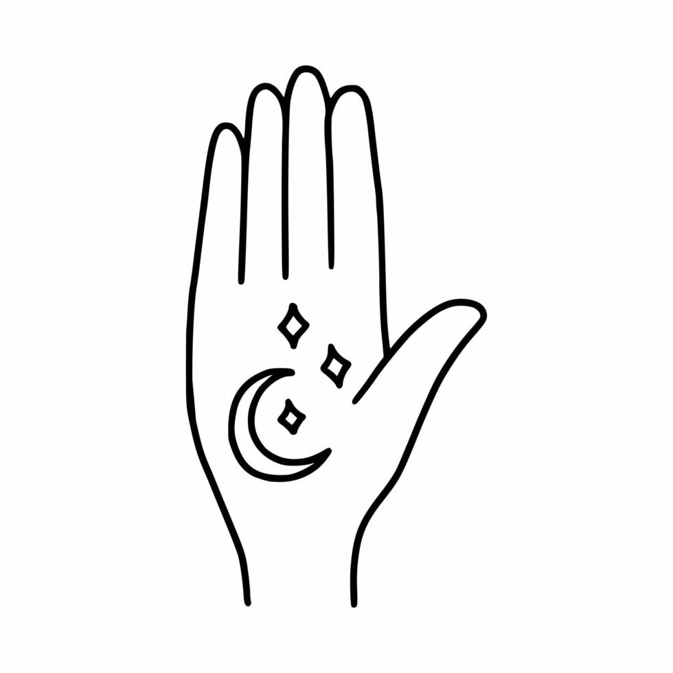 hand met maan en ster. astrologisch symbool. magie. vectorkrabbelillustratie. vector