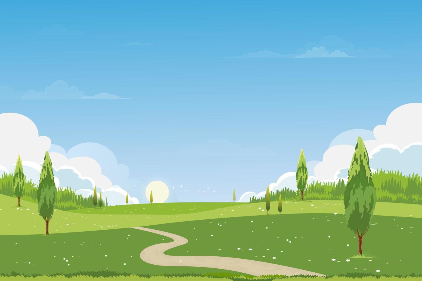 lente groene velden landschap met bergen, blauwe lucht en wolken achtergrond, panorama rustige landelijke natuur in de lente met groen grasland. cartoon vectorillustratie voor lente en zomer banner vector