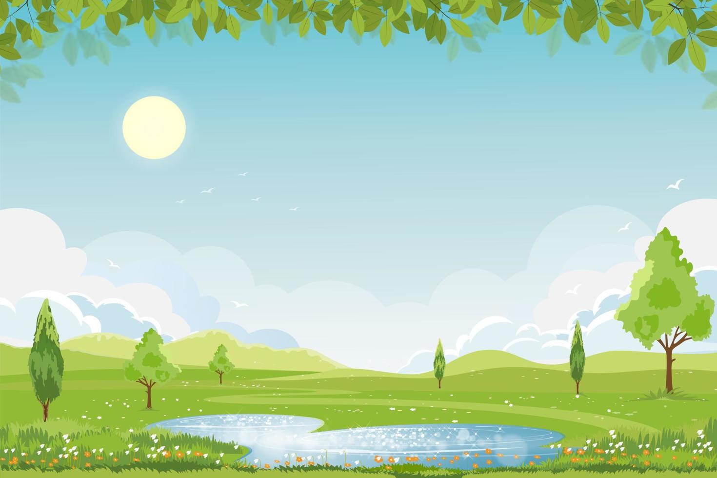 lente landschap in dorp met uitzicht op het meer, bergen en blauwe lucht, vector cartoon banner lente seizoen, panorama platteland in de ochtend in de zomer met fel licht van de zon en reflectie op water