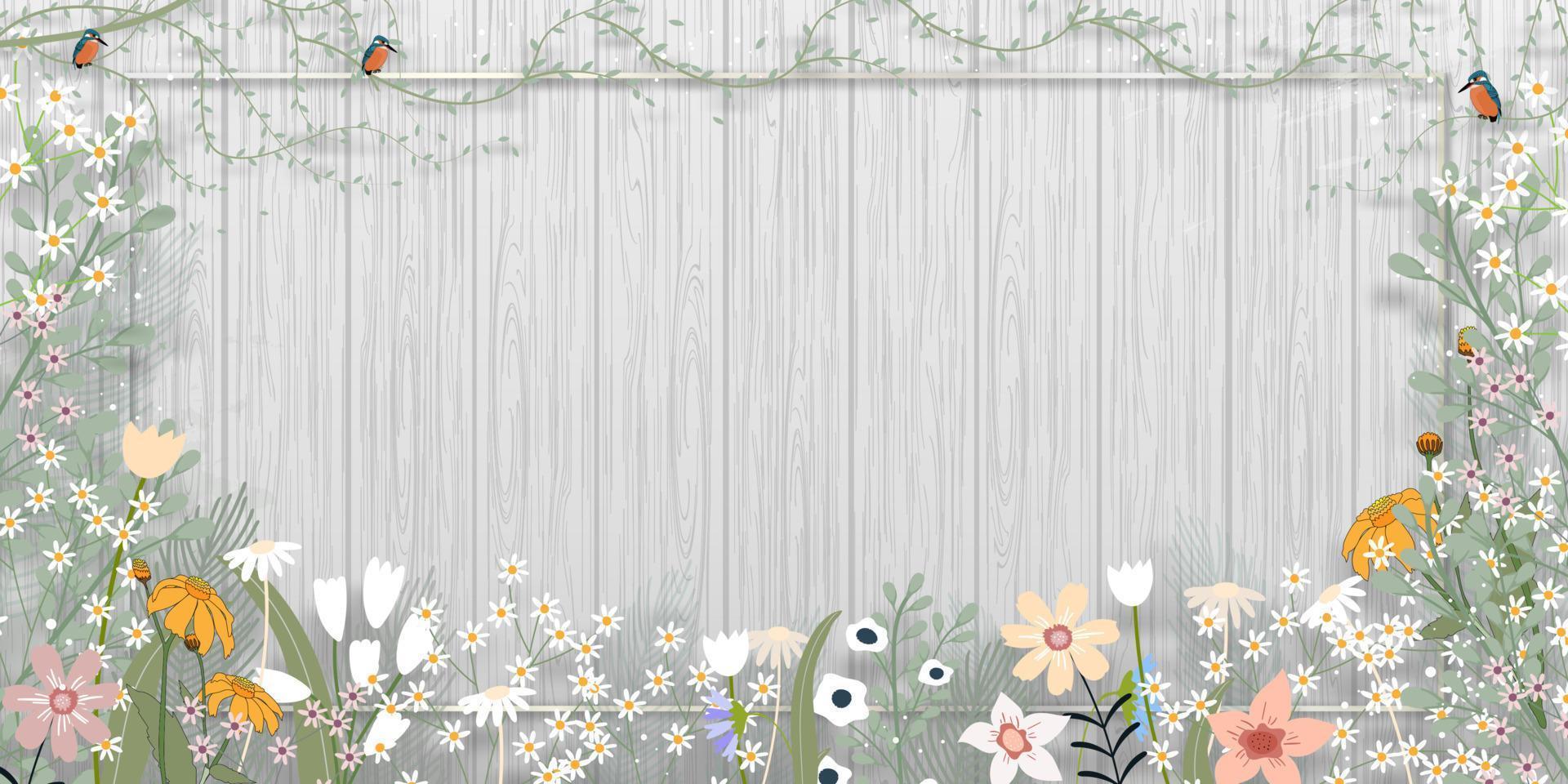 lente achtergrond met schattige bloemenrand op houten muur achtergrond, vector illustratie horizontale achtergrond van bloeiende flora frame op houten paneel getextureerde, vakantie banner voor lente of zomer verkoop