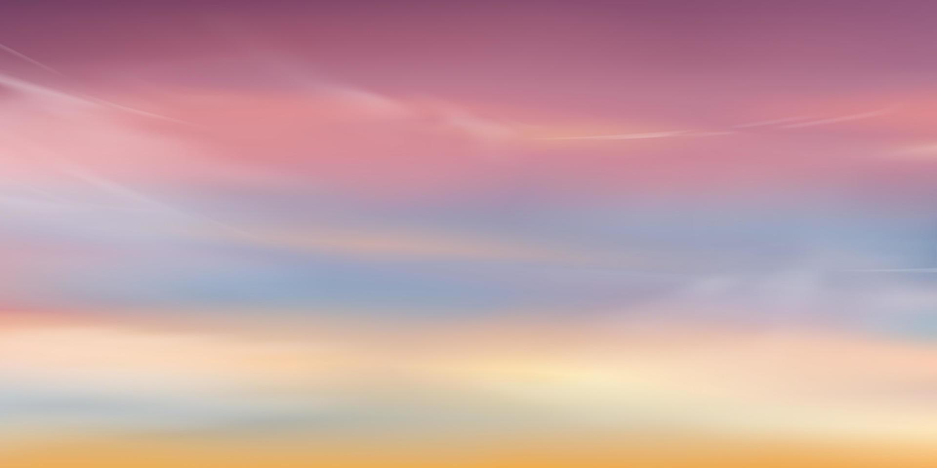 zonsopgang in de ochtend met oranje, gele, roze, paarse lucht, dramatisch schemeringlandschap met zonsondergang in de avond, vectorhorizon van romantische hemelbanner zonlicht, regenboog eenhoorn fantasie achtergrond vector