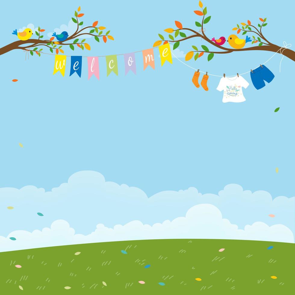 Hallo lente landschap met welkom vlaggen, kinderkleding hangend aan de takken boom op blauwe hemelachtergrond, vector banner achtergrond van groen grasveld in zonnige dag zomer, paasvakantie concept