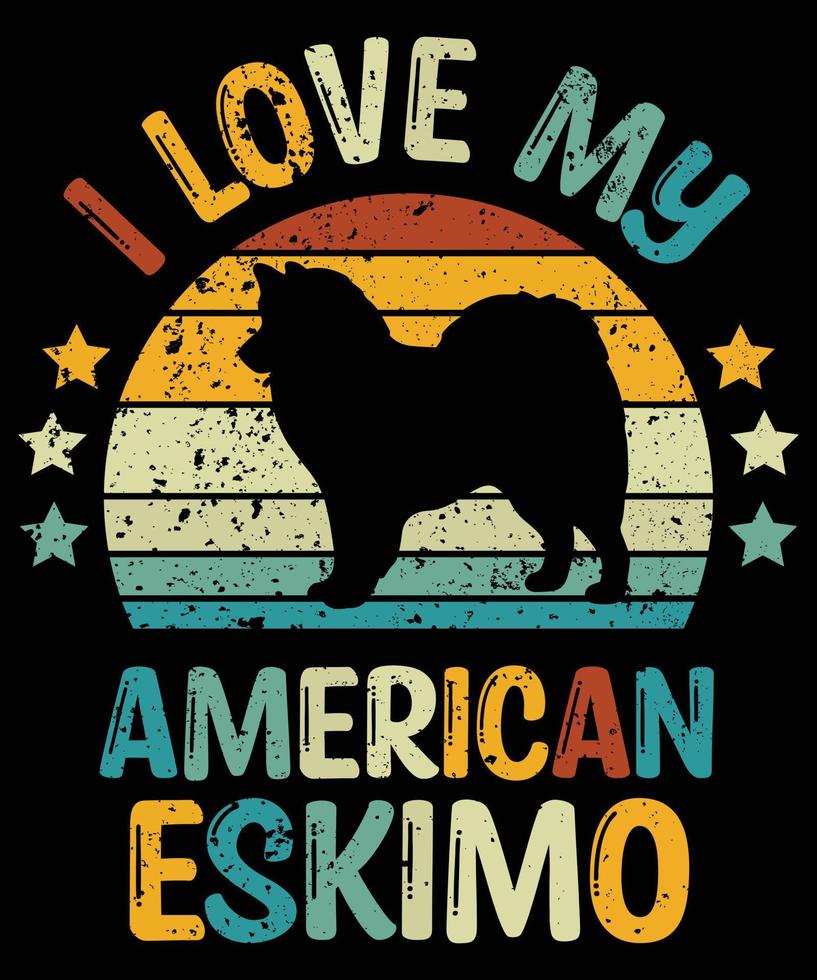 grappige Amerikaanse eskimo vintage retro zonsondergang silhouet geschenken hondenliefhebber hondenbezitter essentieel t-shirt vector