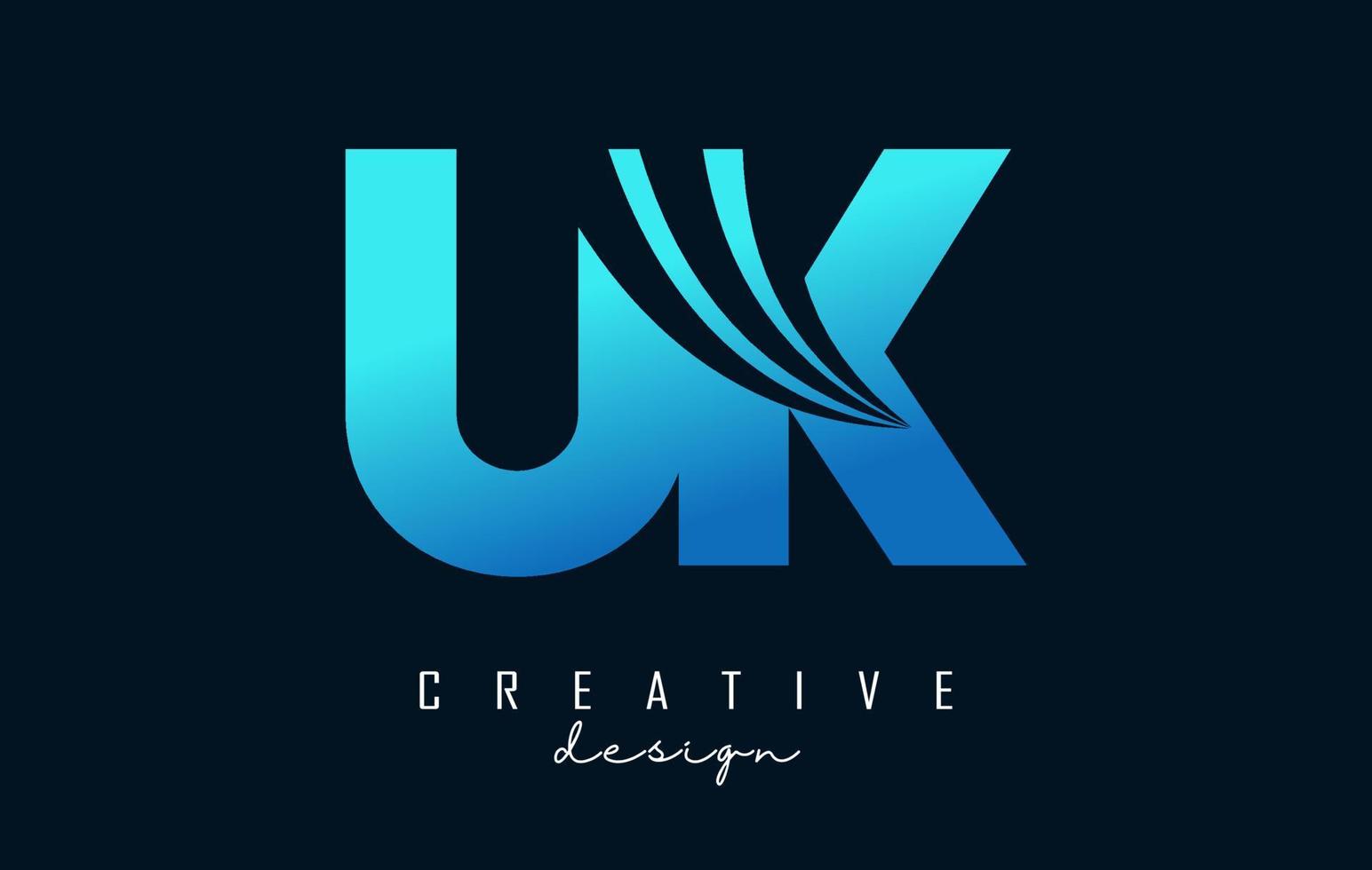 creatieve blauwe letters uk uk logo met leidende lijnen en wegconceptontwerp. letters met geometrisch ontwerp. vector