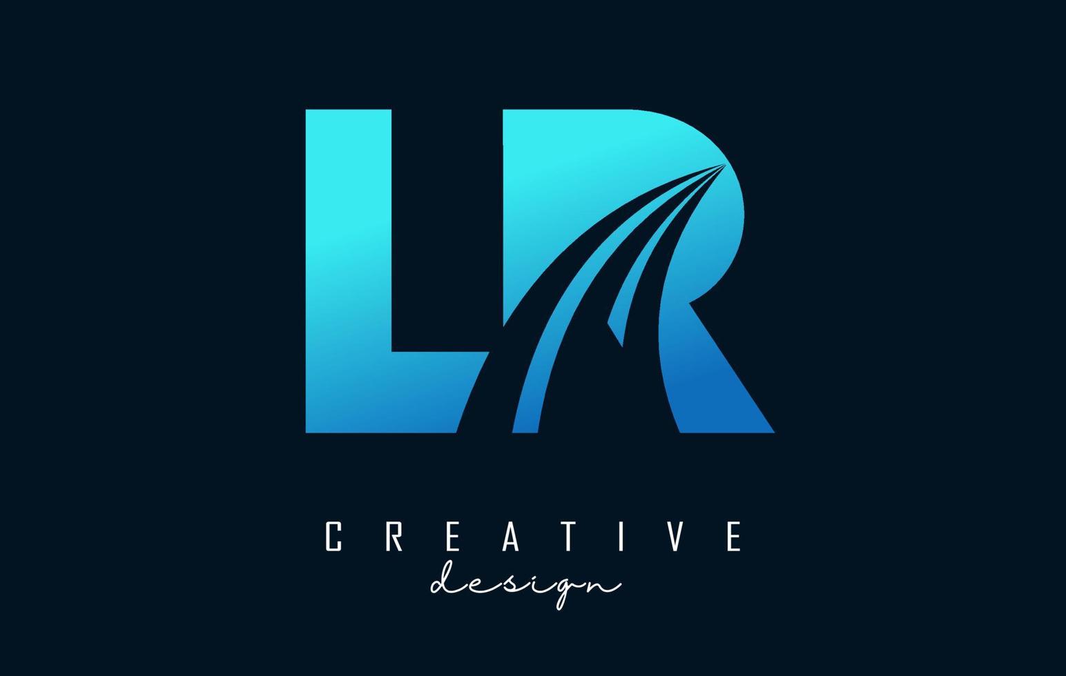 creatieve blauwe letters lr lr-logo met leidende lijnen en wegconceptontwerp. letters met geometrisch ontwerp. vector