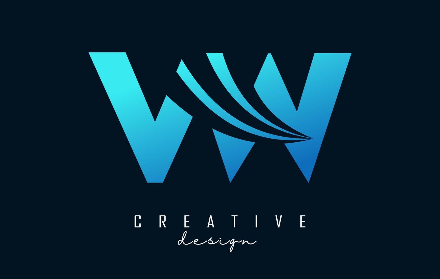 creatieve blauwe letters vw vw-logo met leidende lijnen en wegconceptontwerp. letters met geometrisch ontwerp. vector