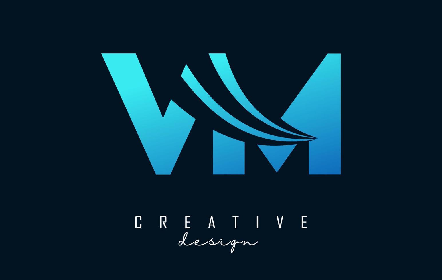 creatieve blauwe letters vm vm-logo met leidende lijnen en wegconceptontwerp. letters met geometrisch ontwerp. vector