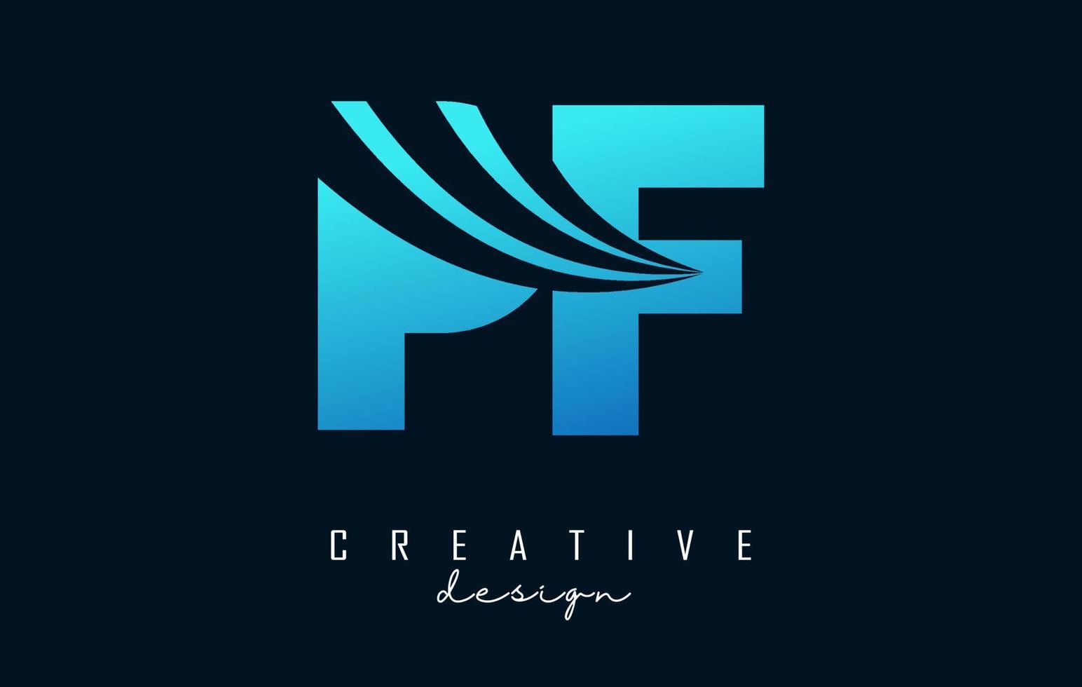 creatieve blauwe letters pf pf-logo met leidende lijnen en wegconceptontwerp. letters met geometrisch ontwerp. vector