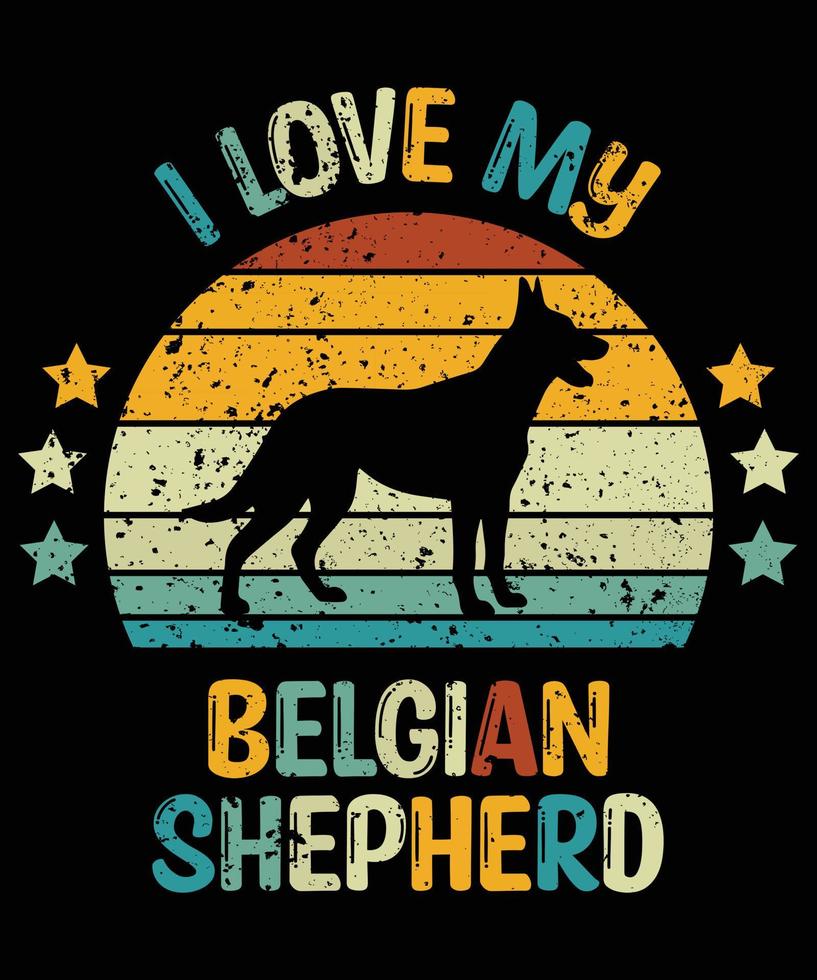 grappige belgische herder vintage retro zonsondergang silhouet geschenken hondenliefhebber hondenbezitter essentieel t-shirt vector