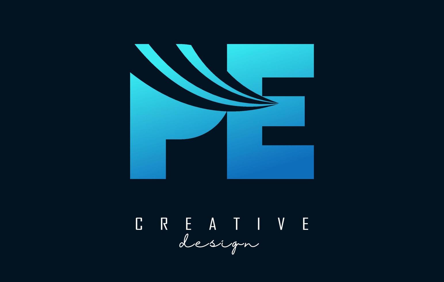 creatieve blauwe letters pe pe-logo met leidende lijnen en wegconceptontwerp. letters met geometrisch ontwerp. vector