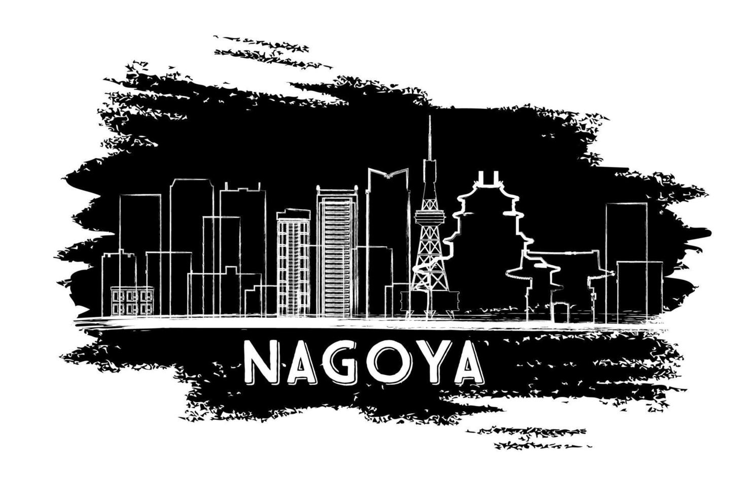 Nagoya skyline silhouet. handgetekende schets. vector