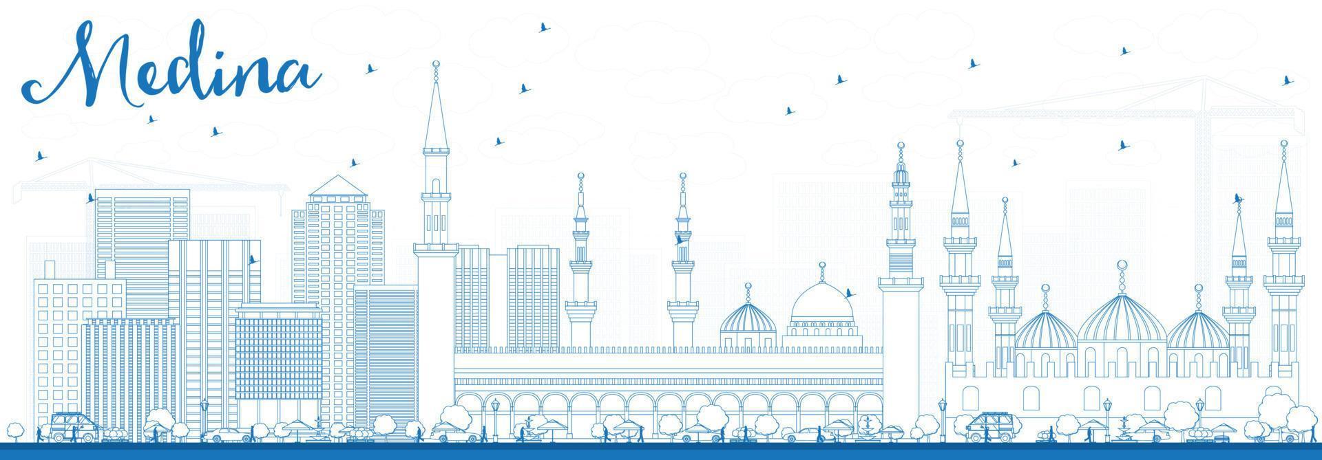 schets medina skyline met blauwe gebouwen. vector