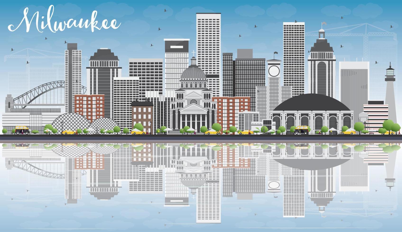 milwaukee skyline met grijze gebouwen, blauwe lucht en reflecties. vector