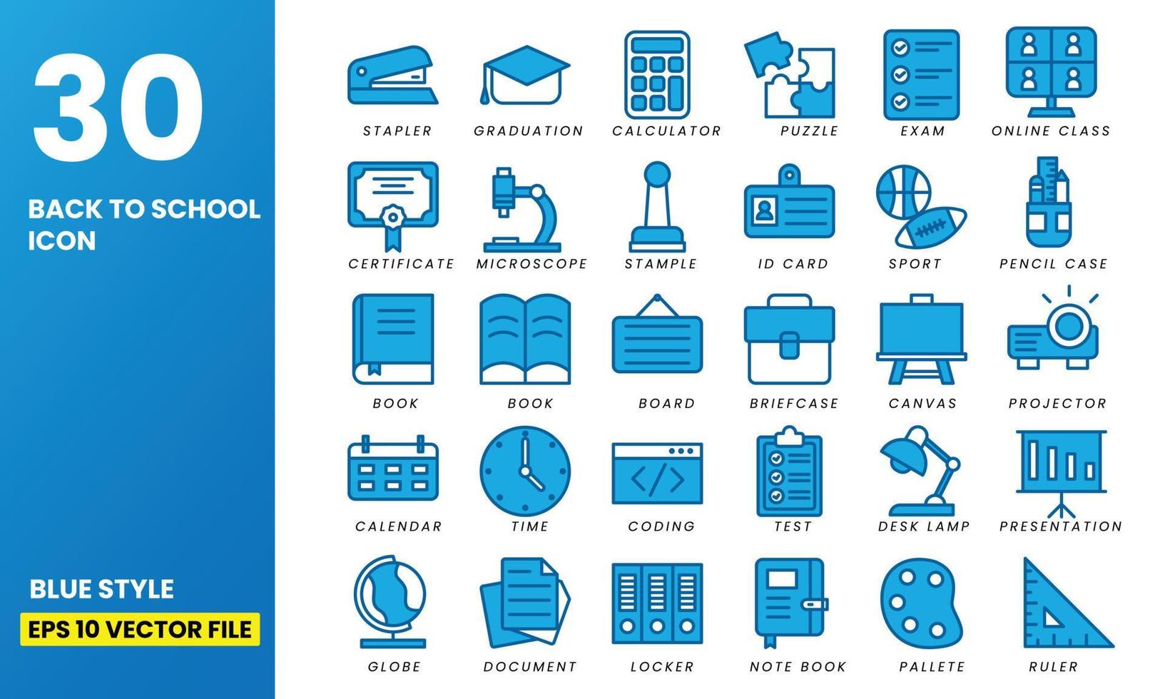 30 terug naar school pictogrammenset met blauwe stijl vector