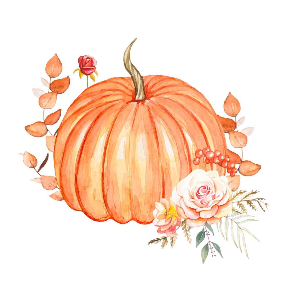 aquarel herfstcompositie met pompoen, bloemen, herfstbladeren vector