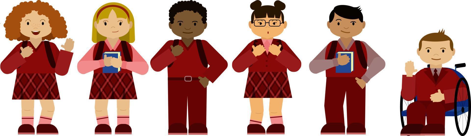 een set schoolkinderen met schoolboeken, rugzakken en in schooluniform. verschillende etnische afkomst. beschikbare omgeving. terug naar school. cartoon vectorillustratie. vector