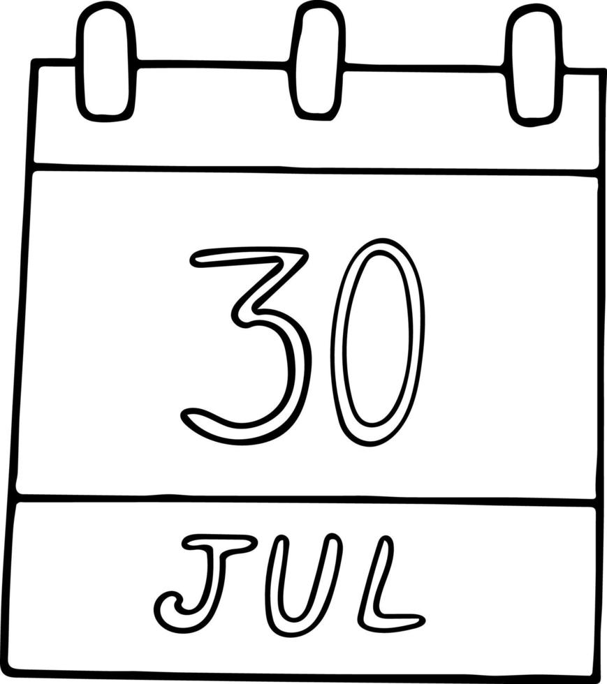 kalender hand getekend in doodle stijl. 30 juli. internationale dag van vriendschap, wereld tegen mensenhandel, datum. pictogram, stickerelement voor ontwerp. planning, zakenvakantie vector