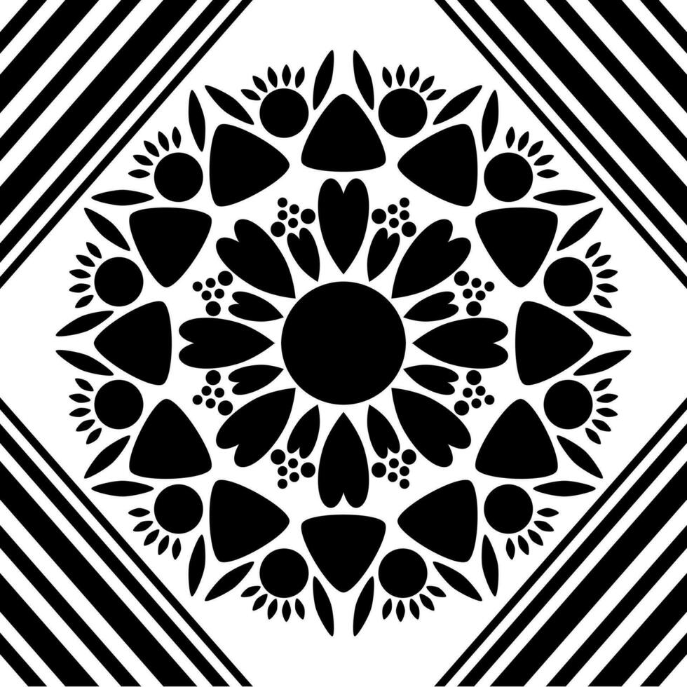 zwart-wit naadloos patroon, grens is lijn en centrum is multi-vorm zoals bloem. vector