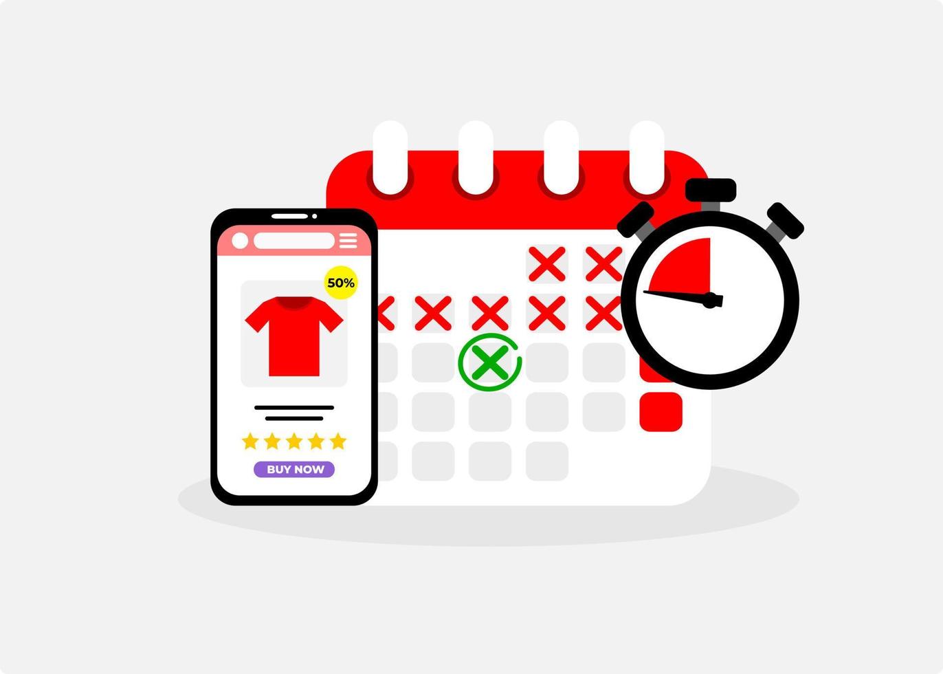 illustratie van online winkel, kalender en stopwatch. illustratie van interessante promo countdown bij online shop shopping evenement. vector