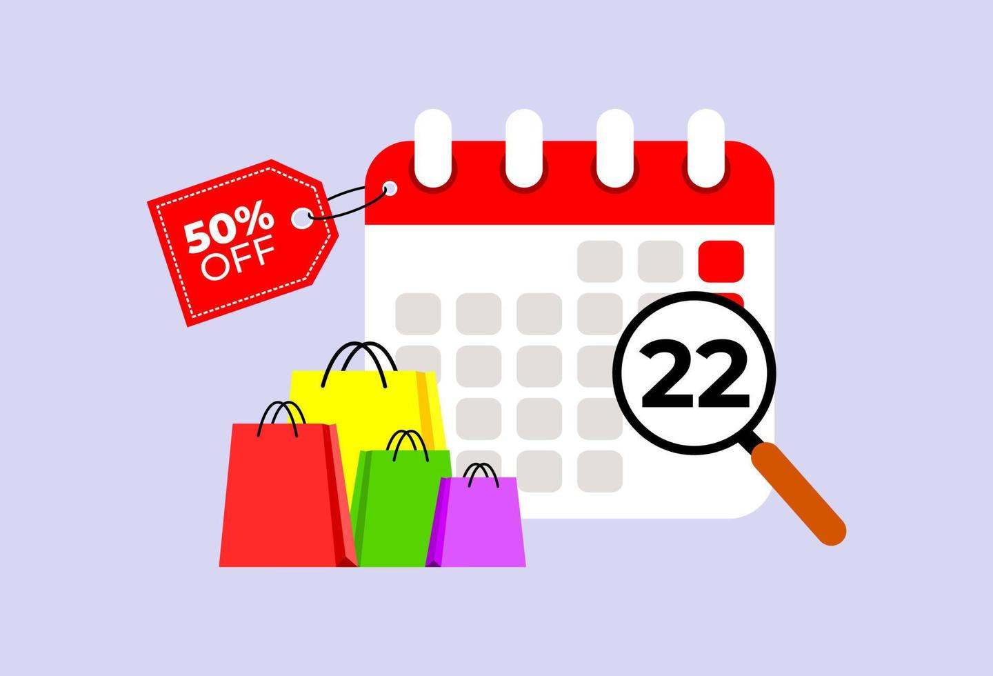 illustratie vergrootglas met kalender shopping promo data. illustratie van de promodatum van de winkelkorting bij het winkelen van de maandgebeurtenis. vector