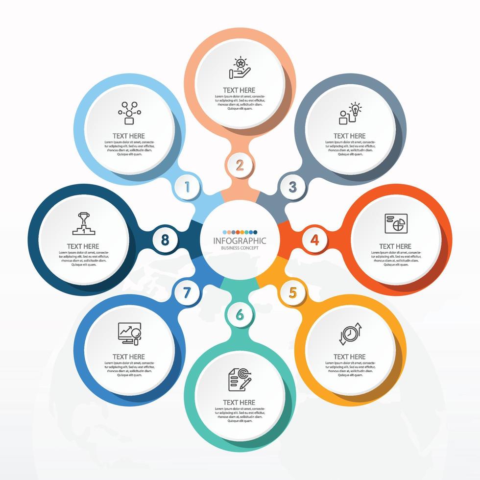 basiscirkel infographic sjabloon met 8 stappen, proces of opties, procesgrafiek, gebruikt voor procesdiagram, presentaties, werkstroomlay-out, stroomschema, infograph. vectorillustratie eps10. vector