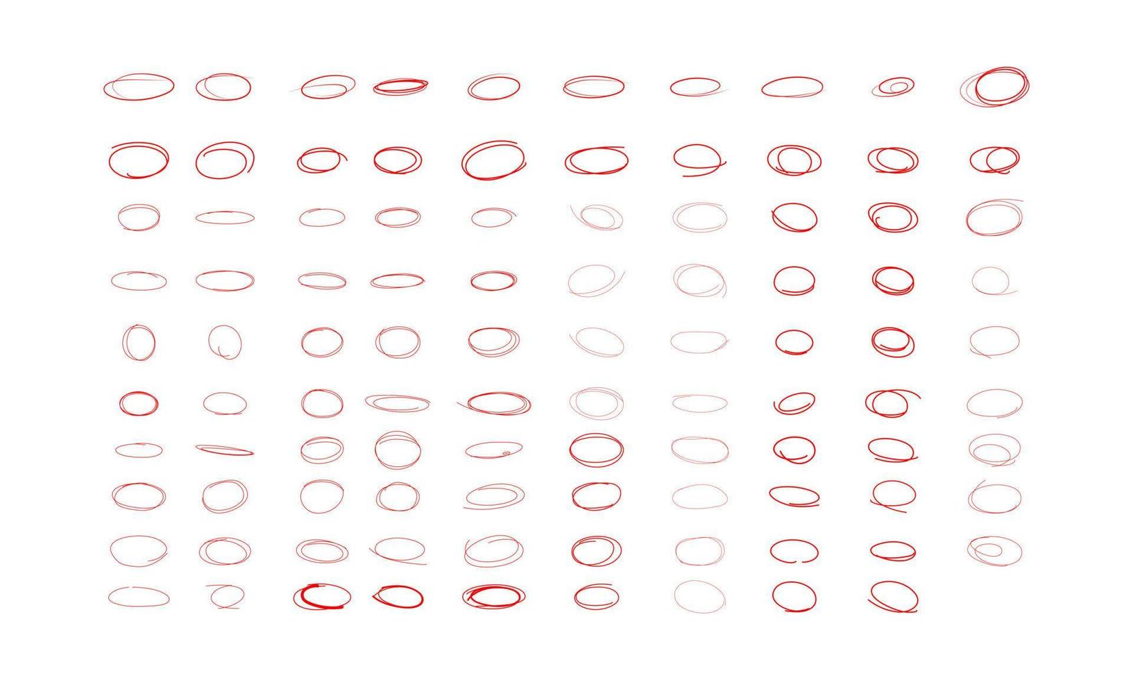 rode ovale krabbel markeerstift. rode handgetekende markeringselementen, lege cirkels en ovalen. vector