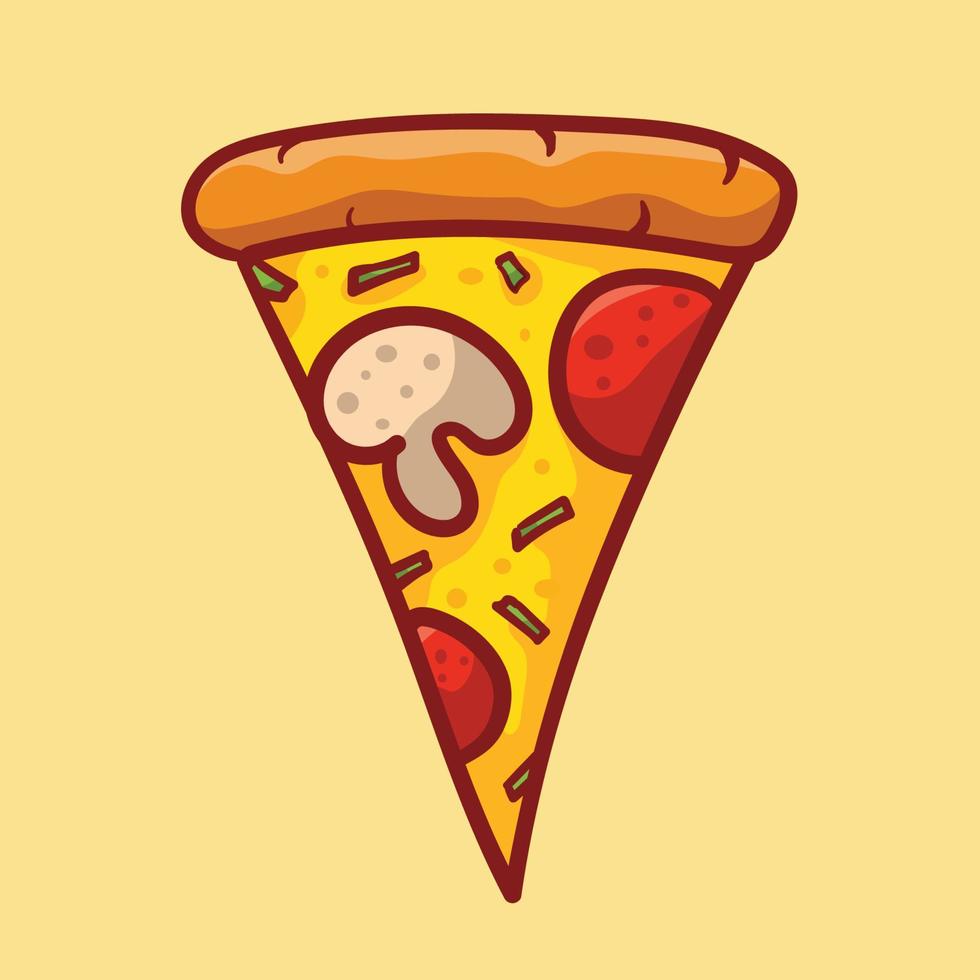 pizzaplak met gesmolten kaas en pepperoni. cartoon sticker in komische stijl met contour. decoratie voor wenskaarten, posters, patches, prints voor kleding, emblemen. illustratie vector ontwerp