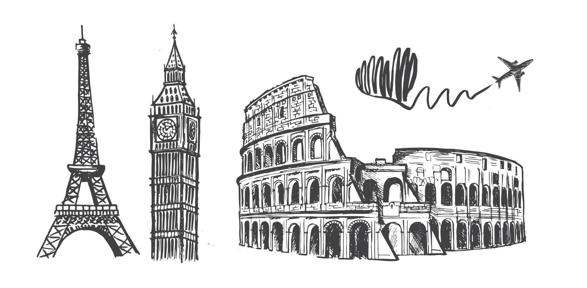 schets van het Colosseum, de Eiffeltoren in Parijs, de Big Ben. handgetekende illustraties. vector