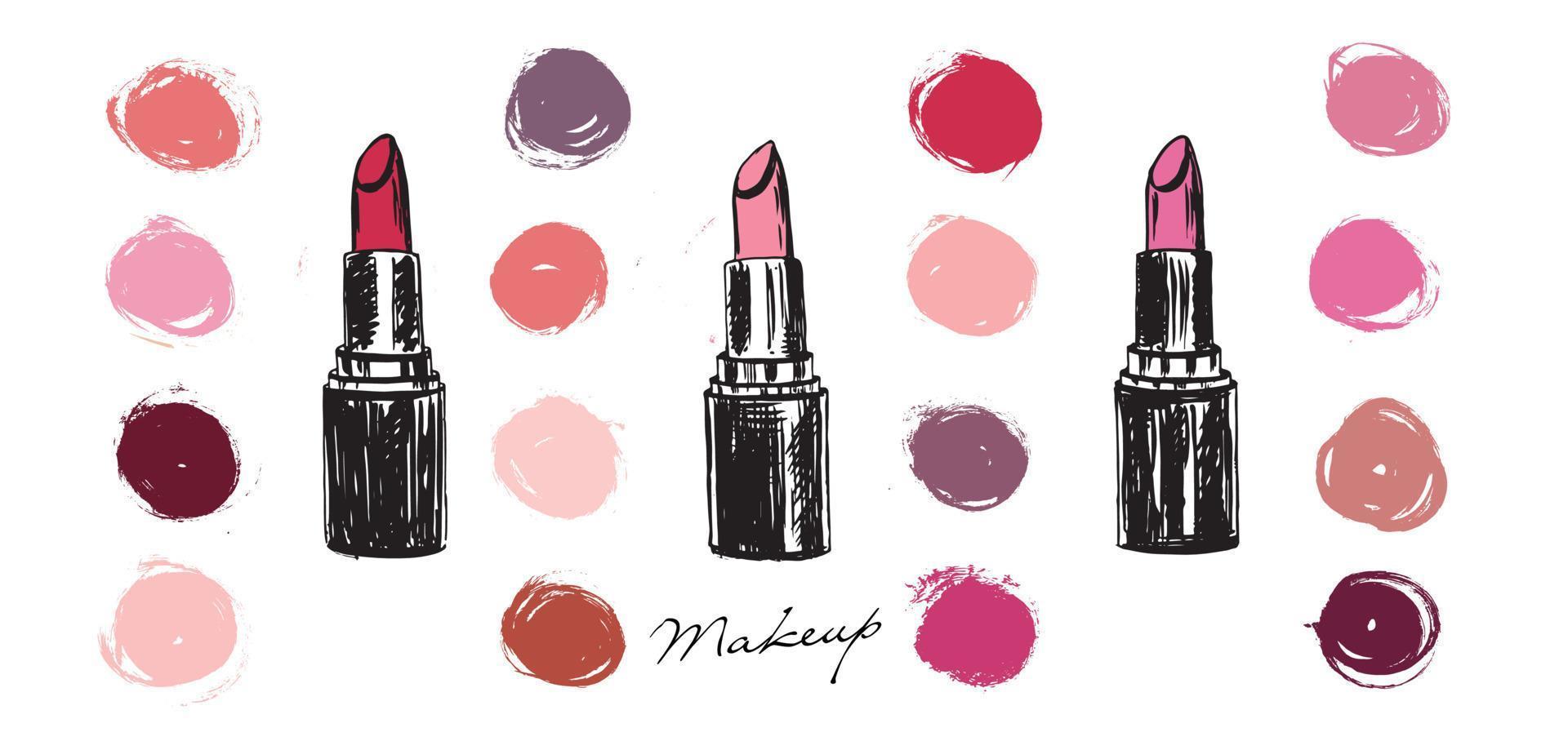 lippenstift hand getekende illustratie. make-up set. vector