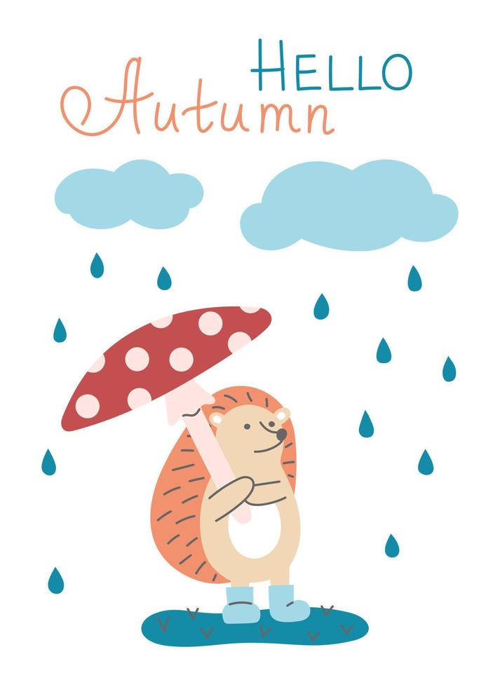 schattige kleine egel met paddestoel zoals paraplu en regenwolken. herfst groet briefkaart. Hallo herfst. vector
