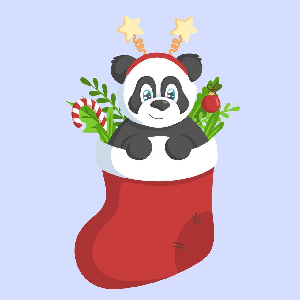 schattige panda in een rode kous met takken, bladeren en kerstdecor. vakantie concept. vector