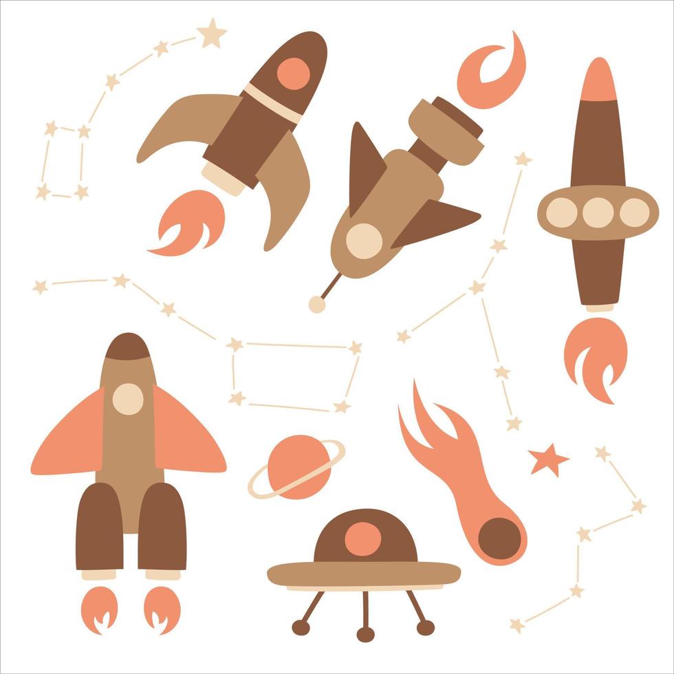 kleurrijke hand getrokken doodles cartoon set raketten en ruimtevoorwerpen. sterrenbeelden cassiopeia, ursa major, kanker, ursa minor. vector