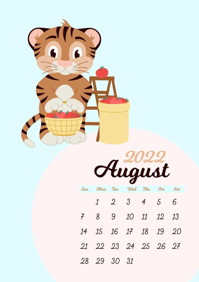muurkalendersjabloon voor augustus 2022. jaar van de tijger naar de Oost-Chinese kalender. schattig karakter in plat ontwerp. vector