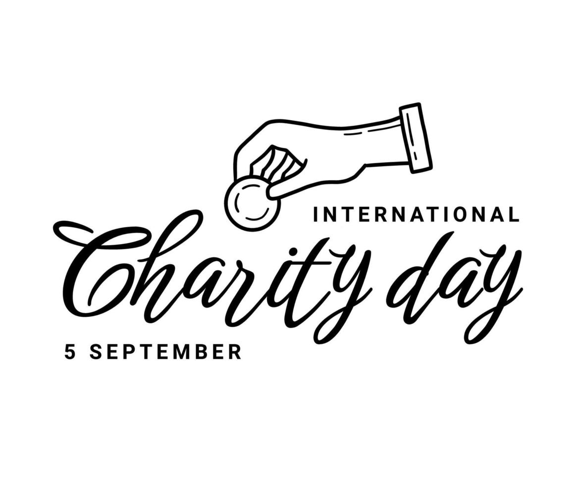 internationale liefdadigheidsdag op 5 september-logo met een hand die een munt vasthoudt in een lineaire stijl. vector symbool op een witte achtergrond.