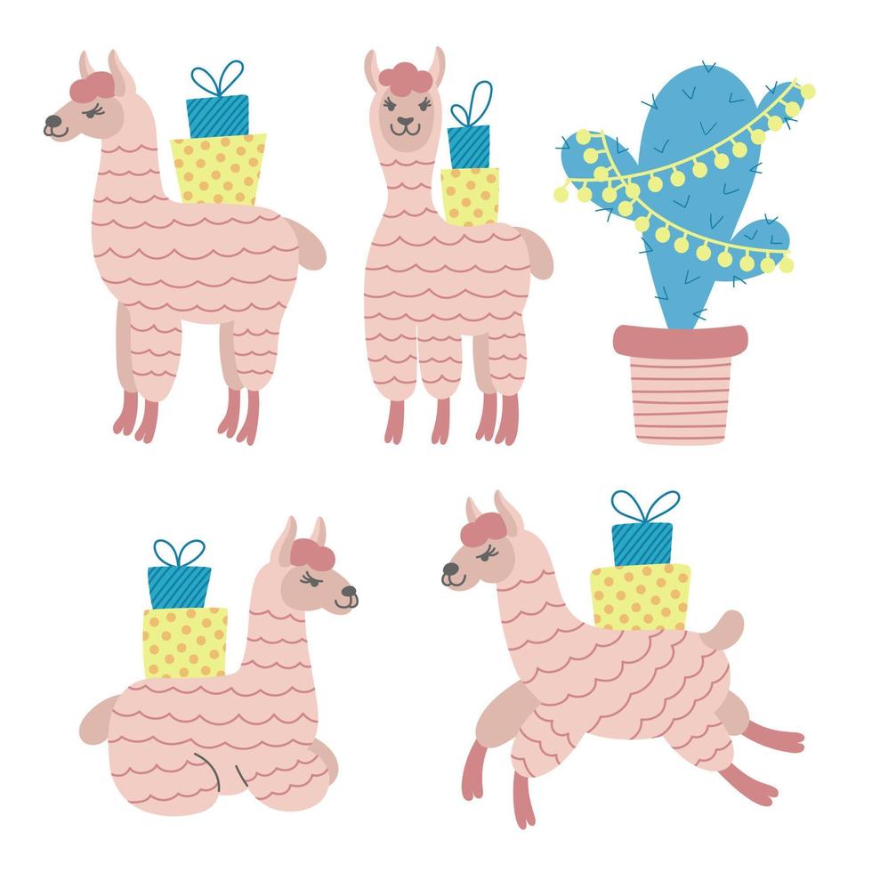 set van verschillende schattige alpaca's met geschenkdozen en versierde cactus. grappig alpaca-stickerpakket. vector